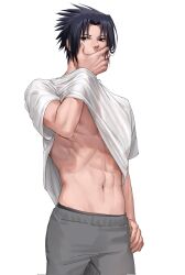Rule 34 | 1boy, abs, black eyes, black hair, clothes lift, covering own mouth, denggu 5, grey pants, guilty challenge (meme), hand over own mouth, highres, male focus, meme, musical note, naruto, naruto (series), navel, nipples, open clothes, open shirt, pants, shirt, shirt lift, short hair, solo, stomach, uchiha sasuke, white shirt
