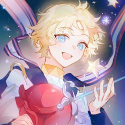Rule 34 | 1boy, blonde hair, blue eyes, bright pupils, fate/grand order, fate/requiem, fate (series), floating hair, glowing, holding, holding sword, holding weapon, male focus, open mouth, sanmen, scarf, solo, star (symbol), sword, upper body, voyager (fate), voyager (second ascension) (fate), weapon