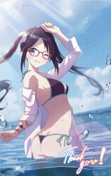 1girl arched_back ass bikini bikini_under_clothes black_bikini black_hair blue_eyes blue_sky collared_shirt english_text glasses grin hand_up idolmaster idolmaster_shiny_colors light_rays long_hair mitsumine_yuika off_shoulder pretty_mundane red-framed_eyewear scrunchie shirt side-tie_bikini_bottom sky smile solo splashing string_bikini sunbeam sunlight swimsuit thank_you twintails wading water_drop white_scrunchie