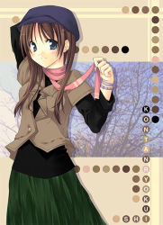 Rule 34 | 1girl, bare tree, beret, blue eyes, brown hair, buttons, green skirt, hat, jacket, long sleeves, looking at viewer, original, pink scarf, plant, scarf, sidelocks, skirt, smile, solo, standing, tree, wristband