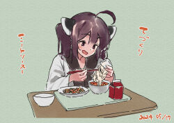 Rule 34 | 1girl, ahoge, blush, bowl, brown eyes, brown hair, chopsticks, dated, food, food request, green background, headgear, holding, holding chopsticks, holding food, japanese clothes, kimono, lamb (hitsujiniku), long sleeves, open mouth, plate, solo, table, touhoku kiritan, translation request, twintails, upper body, voiceroid, white kimono, wide sleeves