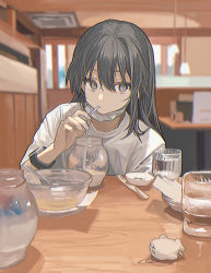 Rule 34 | 1girl, absurdres, black hair, blurry, blurry background, bowl, cup, drinking, drinking glass, drinking straw, eyelashes, film grain, fingernails, glass bowl, grey eyes, hair between eyes, highres, holding, indoors, long hair, mask, mask around neck, mouth mask, original, restaurant, shirt, short sleeves, solo, table, watch, water, white mask, white shirt, wristwatch, zumochi