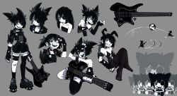 Rule 34 | 1girl, absurdres, animal ears, asymmetrical legwear, black hair, bracelet, character doll, character sheet, collar, colored skin, commentary, cropped jacket, earrings, electric guitar, english commentary, eyepatch, eyepatch lift, fake animal ears, fingerless gloves, fur trim, gloves, grey background, guitar, highres, instrument, jewelry, leotard, looking at viewer, moreblack, navel, original, platform footwear, playboy bunny, plectrum, sharp teeth, shorts, single thighhigh, spiked bracelet, spiked collar, spikes, teeth, thighhighs, tongue, tongue out, white skin