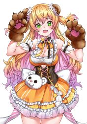 Rule 34 | 1girl, animal ears, bad id, bad pixiv id, bear ears, bear paws, blonde hair, breasts, cleavage, cleavage cutout, clothing cutout, double bun, flower, gradient hair, green eyes, hair between eyes, hair bun, hair flower, hair ornament, highres, hololive, long hair, looking at viewer, momosuzu nene, multicolored hair, n15e, open mouth, orange shirt, shirt, sleeveless, sleeveless shirt, smile, solo, two side up, virtual youtuber