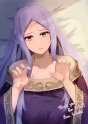 Rule 34 | 1girl, absurdres, claw pose, closed mouth, collarbone, fire emblem, fire emblem: the binding blade, frown, green eyes, hands up, heterochromia, highres, idunn (fire emblem), labebebe lee, light purple hair, long hair, long sleeves, looking at viewer, nintendo, off shoulder, parted bangs, pink eyes, pointy ears, solo, wide sleeves
