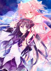 Rule 34 | 10s, 2girls, akemi homura, black hair, blush, bow, dress, gloves, hair bow, hair ribbon, hairband, holding hands, ibara riato, interlocked fingers, kaname madoka, magical girl, mahou shoujo madoka magica, mahou shoujo madoka magica (anime), multiple girls, own hands together, pantyhose, pink hair, purple eyes, ribbon, smile, space, spoilers, twintails, two side up, ultimate madoka, white dress, white gloves, wings, yellow eyes