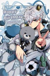 Rule 34 | 1boy, :t, absurdres, ball, birthday, blue lock, bright pupils, cactus, choki (blue lock), crown, dated, dated commentary, expressionless, grey eyes, hair between eyes, happy birthday, heart, highres, holding, holding stuffed toy, looking at viewer, male focus, mini crown, nagi seishirou, no.33, pout, school uniform, short hair, soccer ball, solo, stuffed animal, stuffed toy, teddy bear, v, very short hair, white hair, white pupils