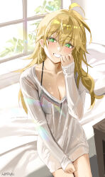 Rule 34 | 1girl, ahoge, bed, blonde hair, blush, breasts, cleavage, collarbone, commentary request, day, green eyes, grin, hair between eyes, haruri, highres, hoshii miki, idolmaster, idolmaster (classic), indoors, long hair, long sleeves, looking at viewer, medium breasts, pillow, sleeves past wrists, smile, solo, sunlight, sweater, white sweater