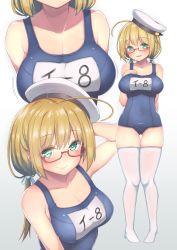 Rule 34 | 1girl, adjusting clothes, adjusting headwear, blonde hair, blue eyes, breasts, cleavage, collarbone, full body, glasses, grey background, hand on own chest, hat, highres, i-8 (kancolle), kantai collection, large breasts, looking at viewer, low twintails, multiple views, name tag, nekokyun, one-piece swimsuit, peaked cap, red-framed eyewear, sailor hat, school swimsuit, semi-rimless eyewear, simple background, standing, swimsuit, thighhighs, thighs, twintails, white thighhighs