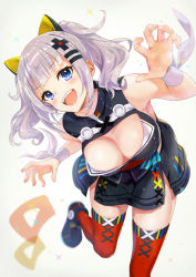 Rule 34 | 1girl, azuki yui, bare shoulders, blue eyes, blush, boots, breasts, cleavage, cleavage cutout, clothing cutout, dress, hair ornament, kaguya luna, large breasts, looking at viewer, obi, open mouth, red thighhighs, sash, silver hair, sleeveless, sleeveless dress, smile, solo, the moon studio, thighhighs, twintails, virtual youtuber, wristband