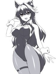 Rule 34 | 1girl, animal ears, bow, bowtie, breasts, cleavage, cowboy shot, detached collar, greyscale, horse ears, horse girl, horse tail, leotard, long hair, medium breasts, monochrome, nontraditional playboy bunny, pantyhose, pataneet, rabbit tail, sidelocks, smile, solo, standing, strapless, strapless leotard, tail, umamusume, verxina (umamusume), wrist cuffs