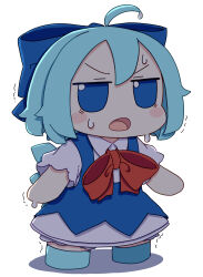 Rule 34 | 1girl, absurdres, ahoge, blue bow, blue dress, blue eyes, blue footwear, blue hair, blush stickers, bow, cirno, collared shirt, dress, fairy, fumo (doll), hair bow, highres, ice, ice wings, kame (kamepan44231), open mouth, pinafore dress, red ribbon, ribbon, shirt, shoes, short hair, short sleeves, simple background, sleeveless, sleeveless dress, solo, standing, sweat, touhou, trembling, white background, white shirt, wings