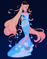 Rule 34 | 1girl, absurdly long hair, alternate costume, bare shoulders, bishoujo senshi sailor moon, blonde hair, blue footwear, blue theme, bubble, closed eyes, cloud print, commentary, crescent moon, double bun, dress, english commentary, full body, hair bun, highres, long hair, meyoco, moon, no nose, off-shoulder dress, off shoulder, parted bangs, print dress, shoes, solo, standing, tsukino usagi, twintails, very long hair, wave print