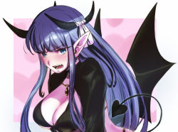Rule 34 | 1girl, aoba (smartbeat), blue eyes, breasts, cleavage, demon girl, demon horns, demon tail, demon wings, earrings, fate/grand order, fate (series), highres, horns, jewelry, large breasts, long hair, long sleeves, looking at viewer, martha (fate), open mouth, pointy ears, purple hair, solo, tail, wings