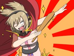Rule 34 | 1girl, ;d, brown eyes, brown hair, cape, earmuffs, macedonian flag, one eye closed, open mouth, outstretched arm, paddle, pointy hair, ritual baton, shinori, short hair, short twintails, sleeveless, smile, solo, standing, sunburst, touhou, toyosatomimi no miko, twintails