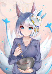 Rule 34 | 1girl, alternate costume, animal ears, azur lane, blue eyes, blush, bowl, breasts, casual, commentary request, eyeshadow, fox ears, fox tail, highres, holding, holding bowl, kaga (azur lane), long sleeves, looking at viewer, makeup, mask, mask on head, medium breasts, ribbed sweater, short hair, solo, stardust (chen&#039;ai weiding), stirring, sweater, tail, upper body, whisk, white hair, zoom layer