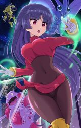 Rule 34 | 1girl, :o, absurdres, alakazam, black hair, blunt bangs, bodystocking, bouncing breasts, breasts, commentary request, covered navel, creatures (company), cropped jacket, game freak, gen 1 pokemon, gloves, glowing, highres, jacket, long hair, long sleeves, looking down, medium breasts, mr. mime, nintendo, open mouth, over-kneehighs, pink eyes, pink jacket, pink skirt, pokemoa, pokemon, pokemon (creature), pokemon frlg, sabrina (pokemon), skirt, teeth, thighhighs, tongue, turtleneck, turtleneck jacket, upper teeth only, venomoth, very long hair, white gloves