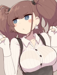Rule 34 | 1girl, atlanta (kancolle), blue eyes, blush, breasts, brown background, brown hair, clenched hands, gloves, high-waist skirt, highres, kantai collection, large breasts, long hair, long sleeves, partially fingerless gloves, simoyuki, simple background, skirt, solo, suspender skirt, suspenders, two side up, upper body