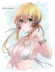 Rule 34 | 1girl, bikini, bikini pull, blonde hair, blush, bracelet, breasts, cleavage, closed mouth, clothes pull, green eyes, highres, jewelry, kantai collection, large breasts, long hair, looking at viewer, low twintails, mizoredama1, prinz eugen (kancolle), smile, solo, swimsuit, twintails, twitter username, upper body, white bikini