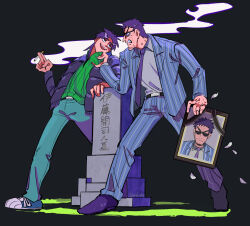 Rule 34 | 2boys, angry, belt, black background, black belt, black eyes, black footwear, black hair, black jacket, black necktie, blue footwear, blue jacket, blue pants, cigarette, clenched teeth, collar grab, commentary request, endou yuuji, formal, full body, green sweater, grey shirt, holding, holding cigarette, holding photo, iei, inudori, itou kaiji, jacket, kaiji, long hair, long sleeves, looking at another, male focus, medium bangs, multiple boys, necktie, open clothes, open jacket, open mouth, pants, petals, photo (object), pinstripe pattern, pinstripe suit, shirt, shirt tucked in, shoes, short bangs, short hair, smile, smoke, smoking, smug, sneakers, striped clothes, striped jacket, striped pants, suit, sweater, teeth, tombstone, upper teeth only, vertical-striped clothes, vertical-striped jacket, vertical-striped pants, very short hair