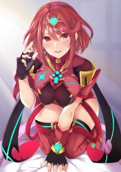 Rule 34 | 1girl, absurdres, armor, blush, breasts, chest jewel, commentary, earrings, fingerless gloves, fingernails, gem, gloves, hair ornament, headpiece, highres, huge filesize, jewelry, kneeling, large breasts, looking at viewer, nintendo, on bed, open mouth, pyra (xenoblade), red eyes, red hair, red shorts, short hair, short shorts, shorts, solo, swept bangs, tetora (yumejihuka), thighhighs, thighs, tiara, upper body, xenoblade chronicles (series), xenoblade chronicles 2