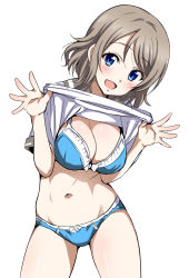 Rule 34 | 10s, 1girl, :d, blue bra, blue eyes, blue panties, blush, bow, bow bra, bow panties, bra, breasts, cleavage, clothes lift, cowboy shot, highres, light brown hair, looking at viewer, love live!, love live! sunshine!!, medium breasts, navel, no pants, open mouth, outstretched hand, panties, sankuro (agoitei), school uniform, serafuku, shirt lift, simple background, smile, solo, underwear, watanabe you, white background