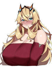 Rule 34 | 1girl, absurdres, bare shoulders, blonde hair, blush, breasts, cleavage, collarbone, barghest (fate), fairy knight gawain (like a lady) (fate), fate/grand order, fate (series), green eyes, highres, horns, huge breasts, imuzi, long hair, long sleeves, looking at viewer, off-shoulder sweater, off shoulder, red sweater, solo, sweater