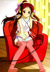 Rule 34 | 00s, 1girl, blush, brown eyes, brown hair, cable, chair, couch, crop top, curtains, embarrassed, flat chest, hair ribbon, hand on own ear, headphones, highres, long hair, midriff, morioka hideyuki, music, no pants, notebook, official art, onda aka, panties, pen, pink thighhighs, polka dot, ponytail, rec (manga), red eyes, red hair, red upholstery, ribbon, scan, shadow, sitting, solo, striped clothes, striped panties, tank top, thighhighs, underwear, voice actor, wooden floor