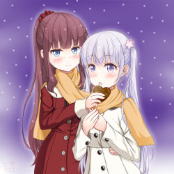 Rule 34 | 2girls, absurdres, blue eyes, blunt bangs, blush, brown hair, coat, hair ornament, hair scrunchie, hand on another&#039;s hip, heart, highres, long hair, multiple girls, new game!, open mouth, orange scarf, ponytail, purple eyes, red coat, red scrunchie, sainohikari, scarf, scrunchie, shared clothes, shared scarf, silver hair, smile, standing, suzukaze aoba, takimoto hifumi, twintails, very long hair, white coat, winter clothes, winter coat