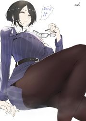 Rule 34 | 1girl, absurdres, arm support, belt, black-framed eyewear, black belt, black hair, black pantyhose, breasts, cleavage, collared shirt, earrings, english text, unworn eyewear, formal, glasses, grace (puzenketsu), grey eyes, highres, holding, holding removed eyewear, jewelry, large breasts, mature female, miniskirt, mole, mole on breast, mole under mouth, original, pantyhose, parted bangs, pink lips, pinstripe pattern, pinstripe skirt, pinstripe suit, puzenketsu, shirt, short hair, signature, sitting, skirt, speech bubble, striped, suit, thick thighs, thighs, white background, white shirt