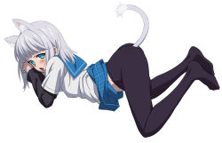 Rule 34 | 10s, 1girl, animal ears, ass, blue eyes, blush, cat ears, cat tail, highres, kanase kanon, kekke, looking at viewer, no panties, open mouth, pantyhose, school uniform, short hair, silver hair, solo, strike the blood, tail