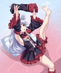 Rule 34 | 1girl, barefoot, blunt bangs, boots, feet, head wings, highres, kyuutou (kyuutouryuu), long hair, open mouth, pillow, red eyes, shoes, silver hair, soles, solo, steam, toes, unworn boots, unworn shoes, wings