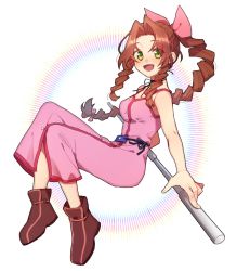 Rule 34 | 1girl, aerith gainsborough, bare arms, belt, boots, braid, braided ponytail, breasts, brown hair, choker, curly hair, dress, final fantasy, final fantasy vii, floating, full body, green eyes, hair ribbon, holding, holding staff, kingdom hearts, long dress, long hair, looking at viewer, medium breasts, open mouth, parted bangs, pink dress, pink ribbon, purple belt, ribbon, sidelocks, smile, solo, staff, tooru (jux), white background