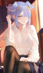 Rule 34 | 1girl, absurdres, alternate costume, black pantyhose, blue eyes, blue hair, blue skirt, blush, bra visible through clothes, clenched hand, collared shirt, elira pendora, hair behind ear, hair over one eye, head wings, highres, looking at viewer, naokomama, nijisanji, nijisanji en, one eye covered, pantyhose, ponytail, see-through, see-through shirt, shirt, skirt, solo, virtual youtuber, white shirt, wings