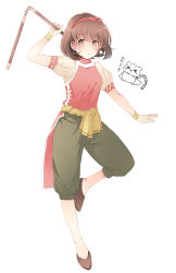 Rule 34 | 1girl, breasts, brown eyes, brown hair, full body, gensou suikoden, gensou suikoden ii, hairband, highres, holding nunchaku, holding weapon, hottaryou, nanami (suikoden), nunchaku, pants, shirt, short hair, simple background, solo, weapon, white background, wristband