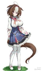 Rule 34 | 1girl, @ @, absurdres, ahoge, animal ears, between breasts, blue dress, blue ribbon, bow, breasts, brown hair, center frills, closed mouth, collared shirt, dated, dress, ear ribbon, frills, full body, gloves, grass, hair between eyes, hairband, highres, horse ears, horse girl, horse tail, large breasts, lechiennoir, looking at viewer, medium hair, meisho doto (umamusume), multicolored hair, purple eyes, ribbon, shirt, shoes, short dress, simple background, skirt hold, smile, solo, standing, strap between breasts, streaked hair, tail, thighhighs, twitter username, umamusume, white background, white footwear, white gloves, white hair, white shirt