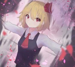 Rule 34 | 1girl, absurdres, ascot, black vest, blonde hair, blurry, blurry background, blurry foreground, closed mouth, collared shirt, commentary, commentary request, hair ribbon, highres, long sleeves, looking at viewer, matcha yado, outstretched arms, red ascot, red eyes, red ribbon, ribbon, rumia, shirt, short hair, solo, spread arms, touhou, upper body, vest, white shirt