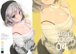 Rule 34 | 1girl, absurdres, aqua eyes, beret, black hat, blush, breasts, cleavage, closed mouth, collarbone, fingernails, grey hair, hair ornament, hairclip, hat, highres, holding, large breasts, leaf, long sleeves, looking at viewer, mole, mole on breast, nail polish, original, ryouka (suzuya), scan, shiny skin, short hair, simple background, smile, solo, upper body, zooming in