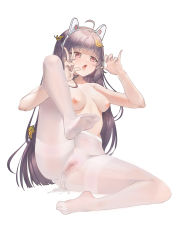 Rule 34 | 1girl, absurdres, ahoge, animal ears, black-bird ccn, black hair, blue archive, blush, breasts, fake animal ears, feet, female focus, foreshortening, full body, halo, highres, leaf, leaf on head, leg up, long hair, looking at viewer, medium breasts, miyu (blue archive), navel, nipples, nude, pantyhose, pussy, pussy juice, rabbit ears, red eyes, soles, solo, toes, uncensored, very long hair, white pantyhose