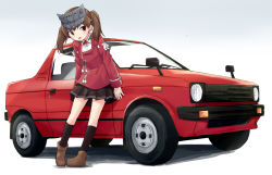 Rule 34 | 1girl, black skirt, brown eyes, brown footwear, brown hair, car, collared shirt, commentary, double horizontal stripe, facing viewer, full body, gradient background, grey background, grey hair, japanese clothes, kakizaki (chou neji), kantai collection, kneehighs, leaning against vehicle, leaning forward, long sleeves, looking at viewer, magatama, medium hair, miniskirt, motor vehicle, open mouth, pleated skirt, red shirt, ryuujou (kancolle), shadow, shirt, simple background, skirt, socks, solo, standing, suzuki (company), suzuki mighty boy, twintails, vehicle focus, visor cap