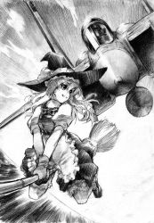 Rule 34 | 1girl, aircraft, airplane, braid, broom, broom riding, f-15, f-15 eagle, female focus, fighter jet, flying, gloves, goggles, greyscale, hat, henshako, highres, jet, kirisame marisa, military, military vehicle, monochrome, smile, solo, touhou, traditional media