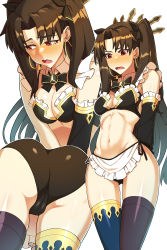Rule 34 | 1girl, absurdres, adapted costume, alternate costume, bare shoulders, bikini, black bikini, black hair, blush, breasts, cleavage, earrings, embarrassed, enmaided, fate/grand order, fate (series), gold trim, highres, hoop earrings, hyperbudd, ishtar (fate), jewelry, maid, maid bikini, medium breasts, multiple views, open mouth, parted bangs, red eyes, swimsuit, thighhighs, thighs, tiara, two side up, unconventional maid
