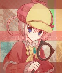 Rule 34 | 1girl, blue eyes, blush, bow, capelet, deerstalker, detective, green eyes, hair between eyes, hair rings, hat, holding, holding magnifying glass, looking to the side, magnifying glass, pink hair, portrait, red capelet, ribbon, sherlock shellingford, sidelocks, solo, suta (clusta), tantei opera milky holmes, yellow bow, yellow neckwear