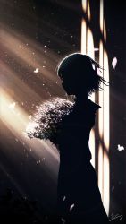 Rule 34 | 1girl, absurdres, window blinds, bouquet, falling petals, fantasy, feet out of frame, flower, from side, highres, holding, holding bouquet, jacket, light particles, original, petals, plant, scenery, shirt, short hair, signature, silhouette, skirt, skyrick9413, solo, standing, sunlight