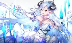 Rule 34 | 1girl, bad id, bad twitter id, blue hair, breasts, brown eyes, cleavage, detached sleeves, draph, gloves, granblue fantasy, hair ornament, horns, ice crystal, izmir, large breasts, long hair, pointy ears, snowflake hair ornament, solo, suzuame329, white gloves
