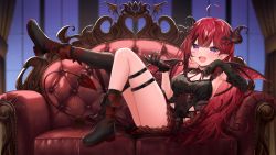 Rule 34 | 1girl, :d, ahoge, bettle (b s a n), black footwear, black horns, black thighhighs, breasts, cleavage, couch, demon girl, demon wings, elbow gloves, fang, gloves, horns, indoors, long hair, mako lisa, official art, on couch, open mouth, pointy ears, re:act, red hair, single thighhigh, sitting, small breasts, smile, solo, thigh strap, thighhighs, thighs, very long hair, virtual youtuber, wings