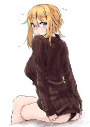 Rule 34 | 1girl, :s, absurdres, ass, black panties, blonde hair, blue eyes, blush, braid, breasts, brown sweater, closed mouth, covering privates, covering ass, flying sweatdrops, highres, large breasts, crossed legs, long sleeves, looking at viewer, looking back, original, panties, rucchiifu, simple background, sitting, solo, sweatdrop, underwear, white background