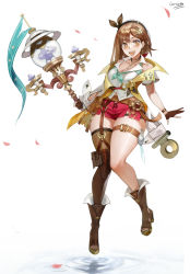 Rule 34 | 1girl, absurdres, atelier (series), atelier ryza, atelier ryza 2, bare shoulders, belt, belt buckle, beret, blush, boots, braid, breasts, brown gloves, brown hair, buckle, carcass (artist), cleavage, collarbone, curvy, ear piercing, earrings, fang, fingerless gloves, floating, full body, gloves, hair between eyes, hat, highres, jewelry, key, key necklace, large breasts, leather, leather belt, leather gloves, necklace, open mouth, partially fingerless gloves, petals, piercing, pouch, red shorts, reisalin stout, ribbon, ripples, short shorts, shorts, signature, simple background, single sidelock, smile, solo, thick thighs, thigh strap, thighs, water, white background