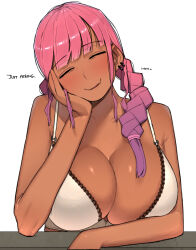 Rule 34 | 1girl, blush, bra, breasts, cleavage, closed eyes, commentary, dark-skinned female, dark skin, earrings, english text, jewelry, large breasts, long hair, looking at viewer, ohasi, original, pink (ohasi), pink hair, simple background, solo, symbol-only commentary, underwear, white background