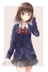 Rule 34 | 1girl, blue cardigan, blush, bow, brown background, brown eyes, brown hair, cardigan, closed mouth, collarbone, collared shirt, commentary request, cowboy shot, fingernails, grey skirt, hand up, highres, long hair, original, pleated skirt, red bow, school uniform, shirt, sin (sin52y), skirt, smile, solo, two-tone background, white background, white shirt